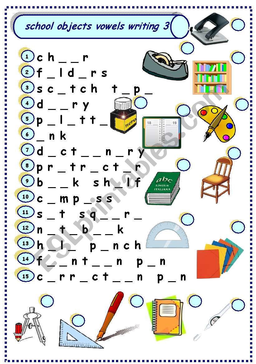 school objects vowels writing 3