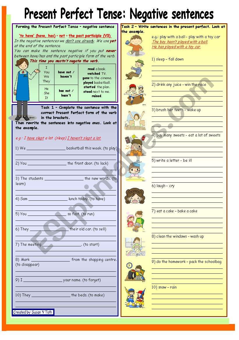 Present Perfect Tense - negative sentence * elementary * grammar guide + 6 task * with key * fully editable