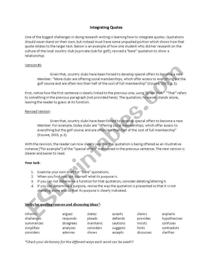 Integrating quotes worksheet