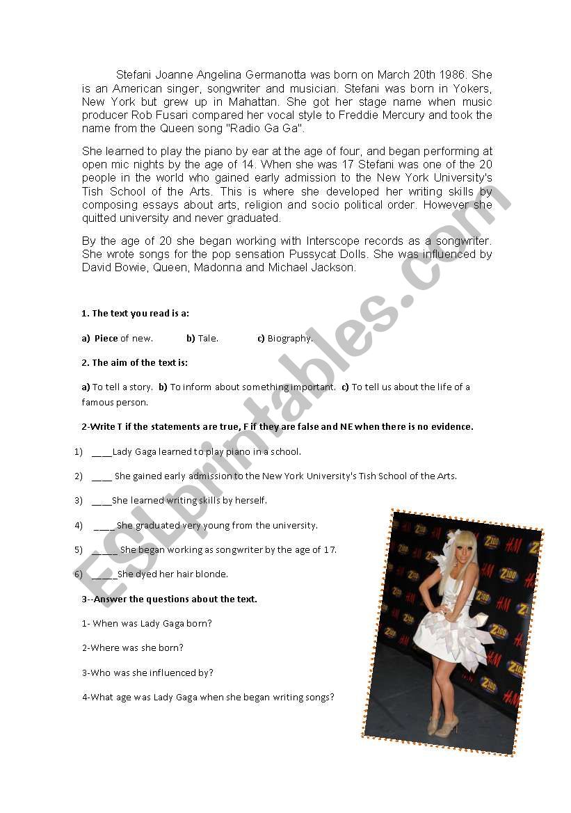 Lady Gaga biography worksheet