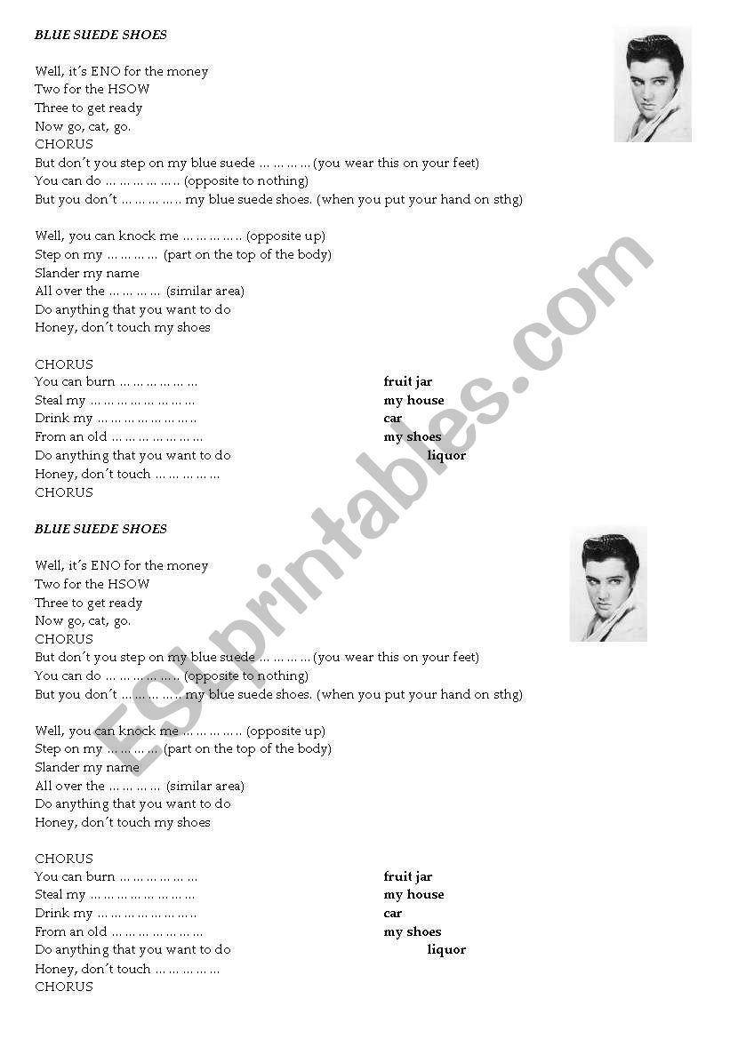 Blue suede shoes - elvis song worksheet