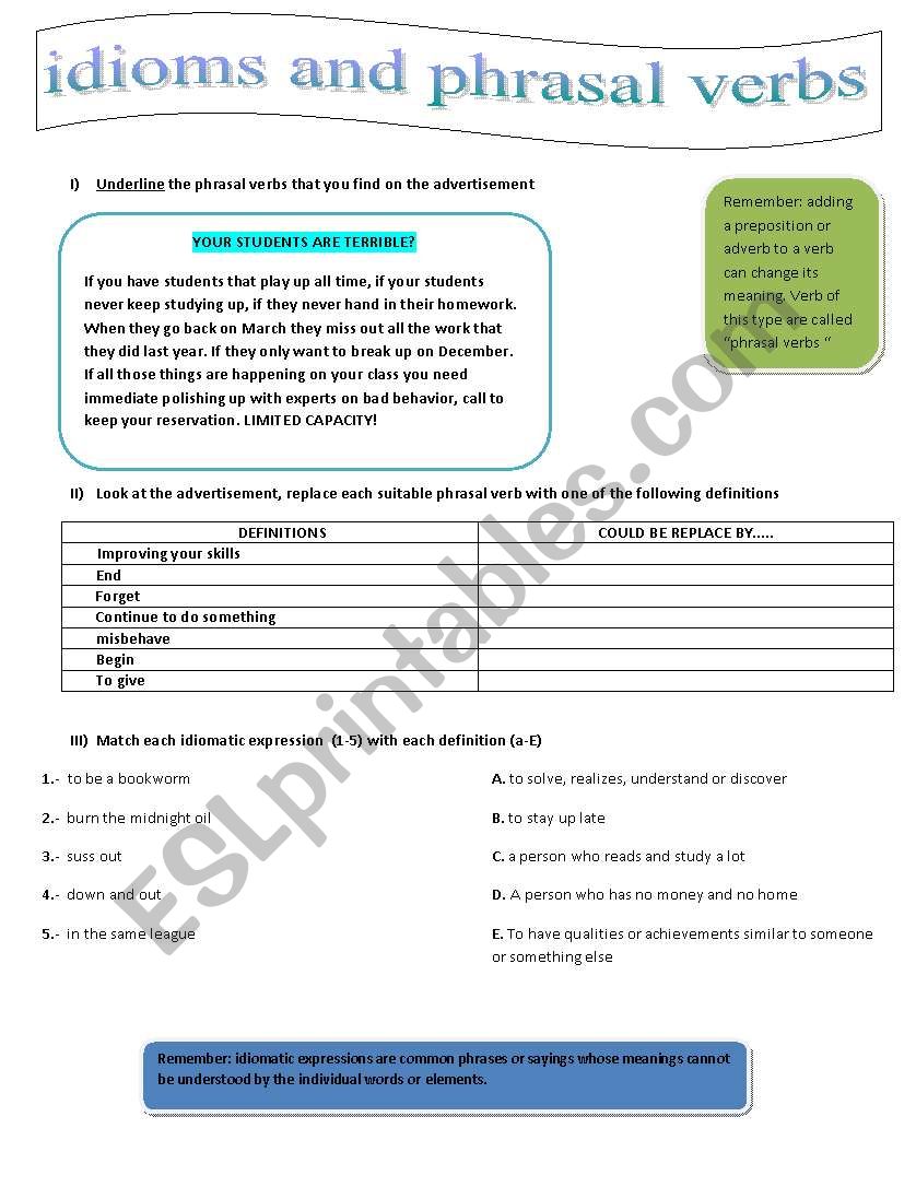 IDIOMS AND PHRASAL VERBS worksheet