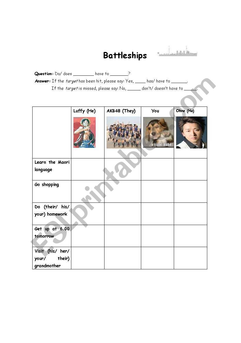 Have to Battleships worksheet