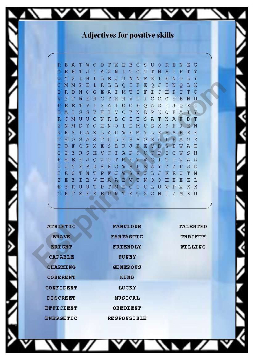 Adjectives for positive skills - wordsearch