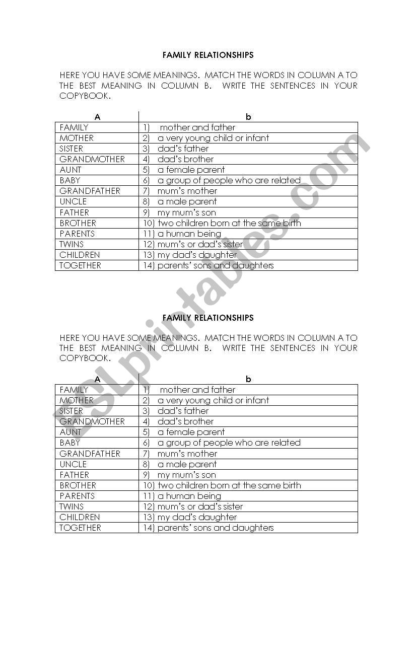 family relationships worksheet