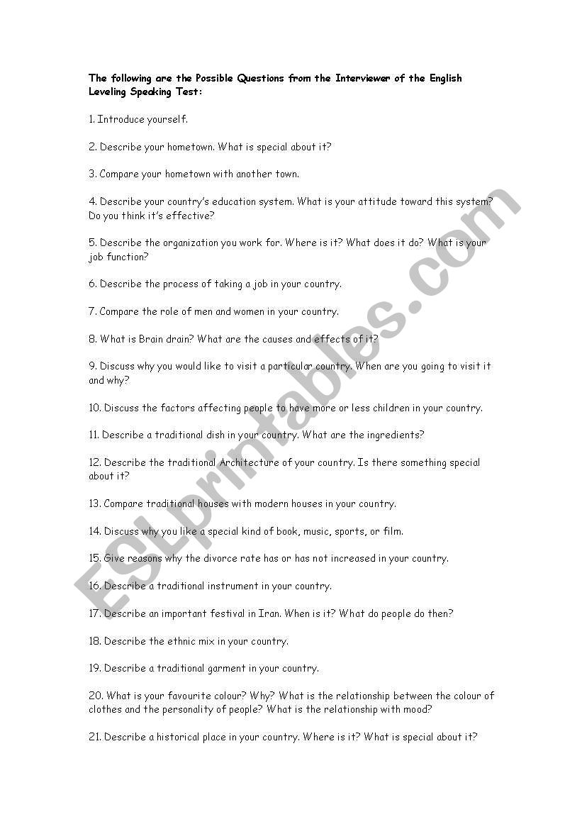 Questions for Speaking Test worksheet