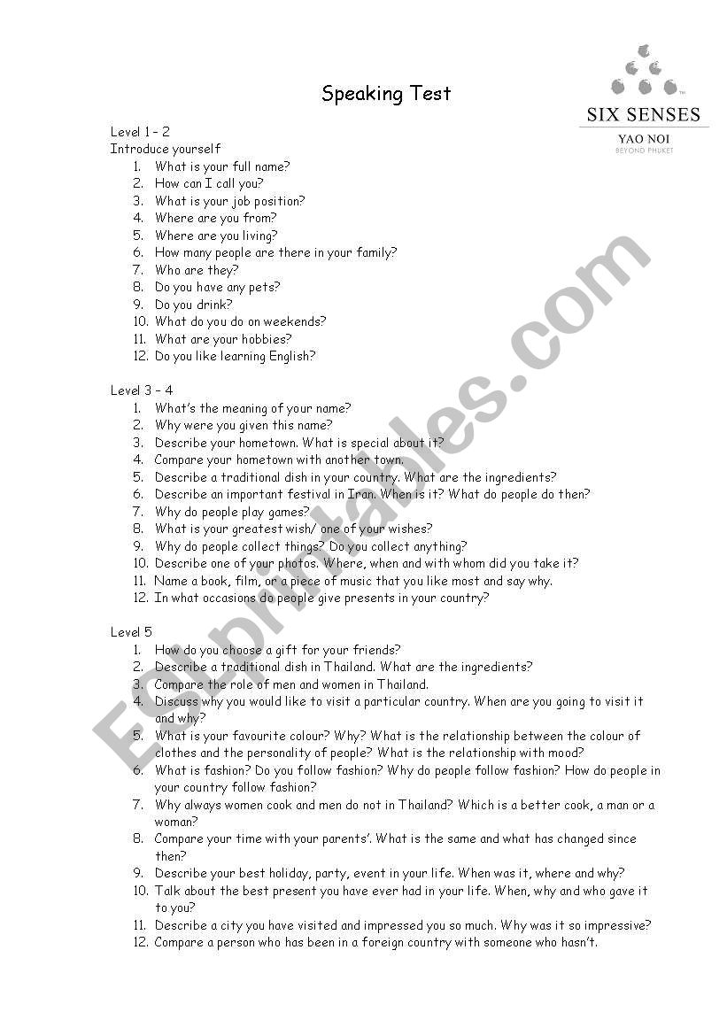 Questions for Speaking Test Level 1-5