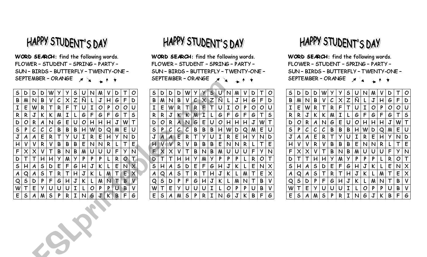 students day word search worksheet