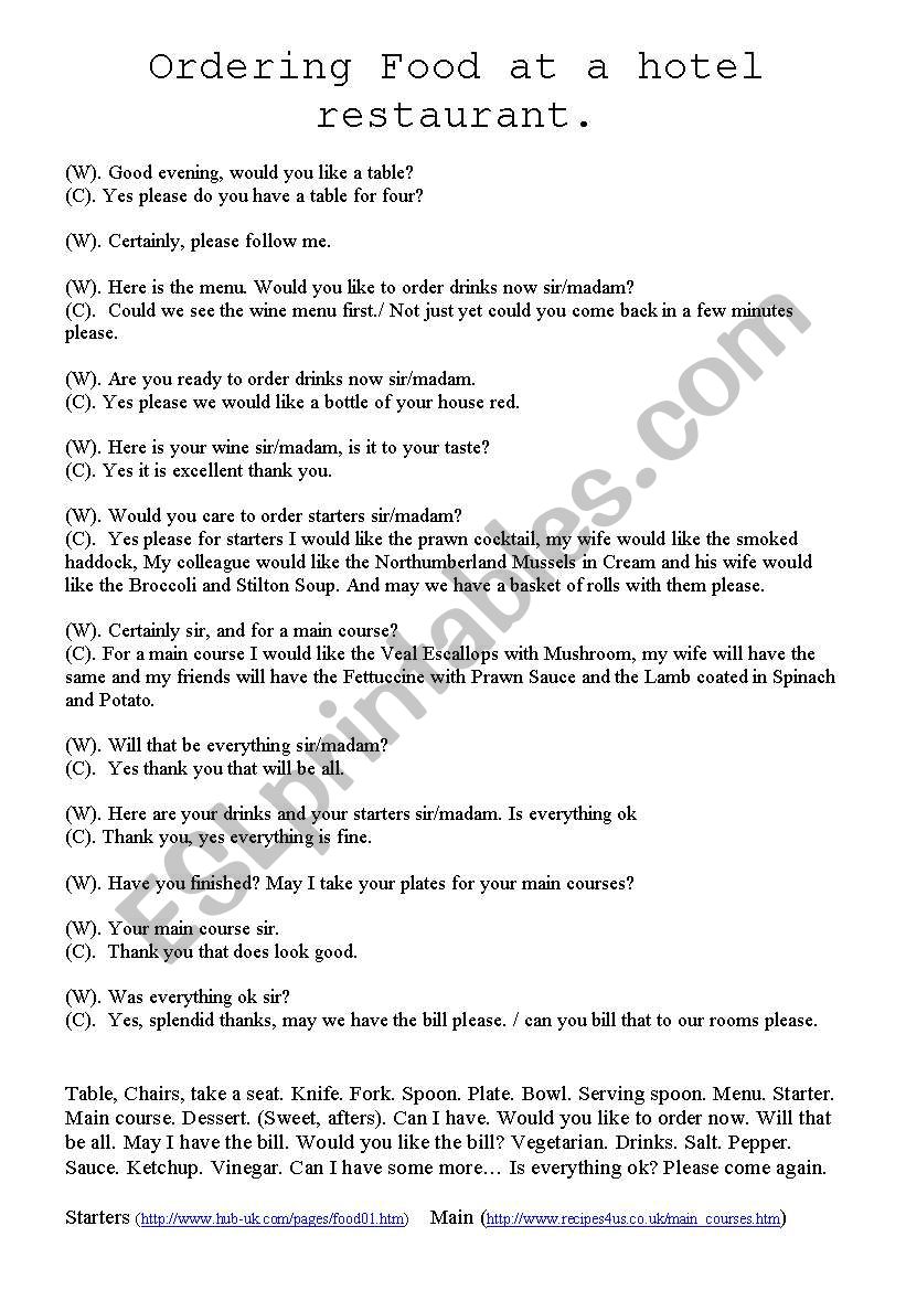 A short restaurant dialogue.  worksheet