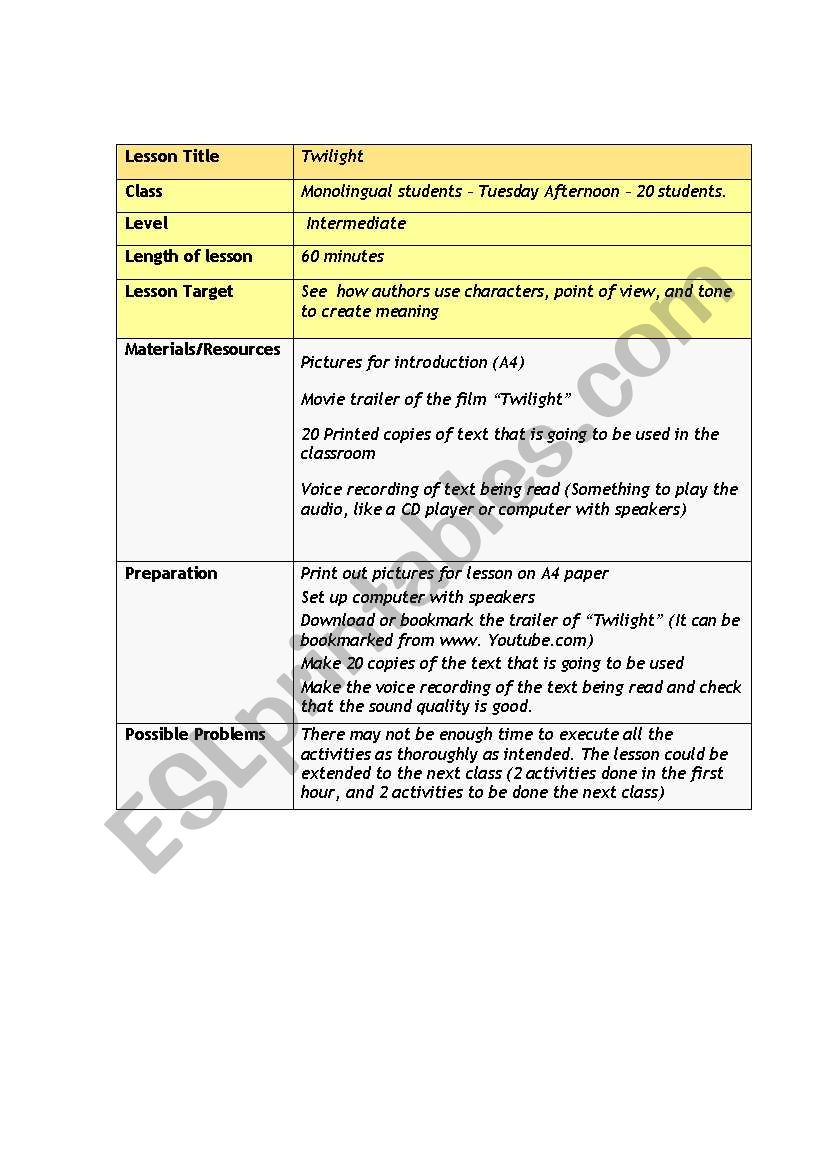 Twilight lesson plan worksheet