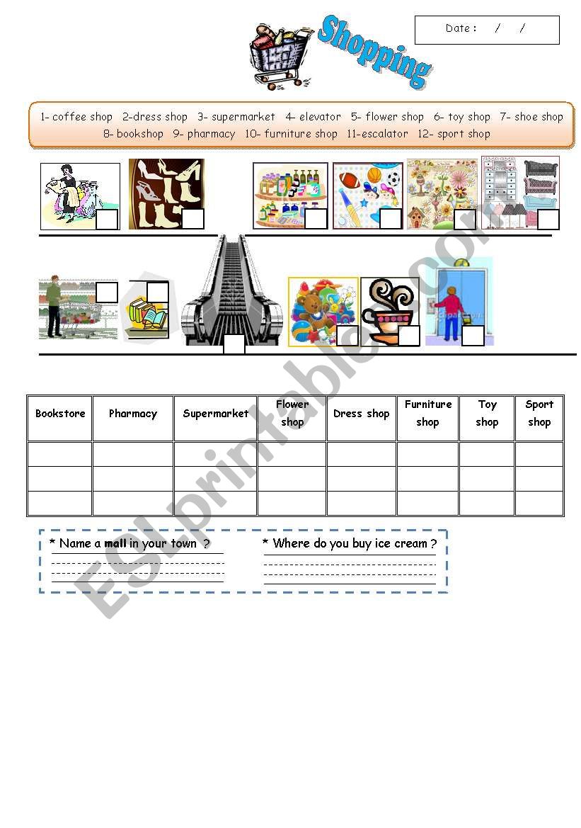 shopping worksheet