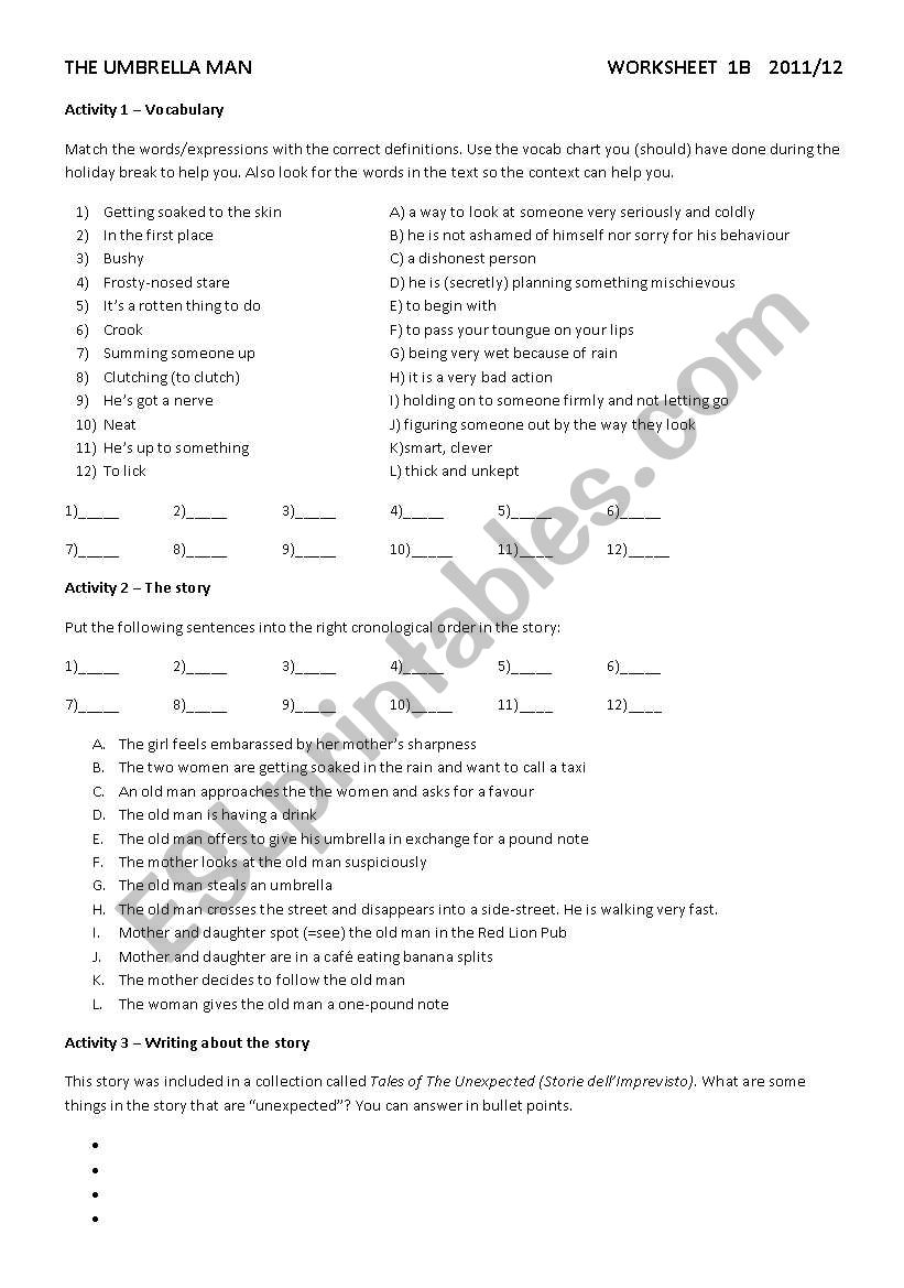 Umbrella Man by Roald Dahl worksheet