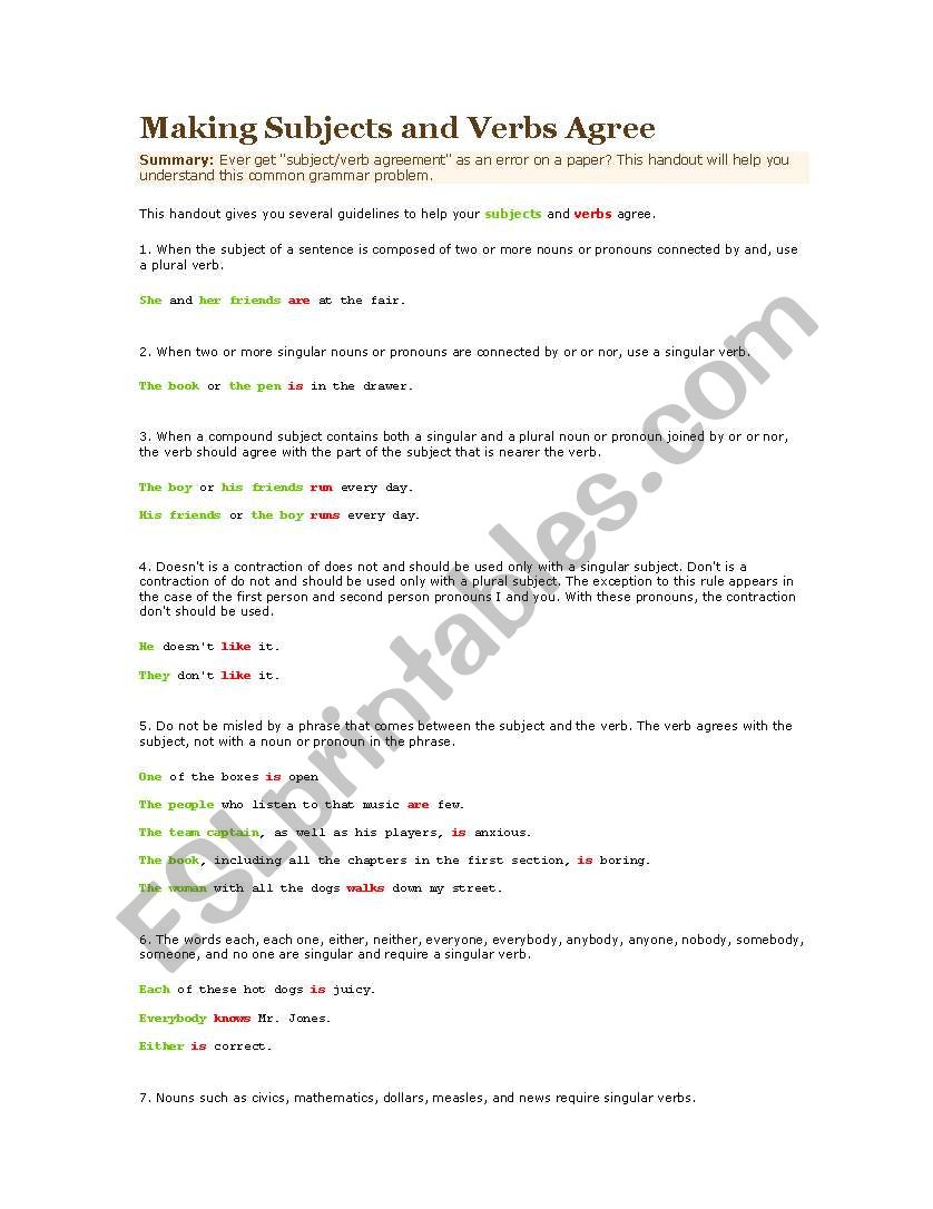 Getting Subjects and verbs to agree
