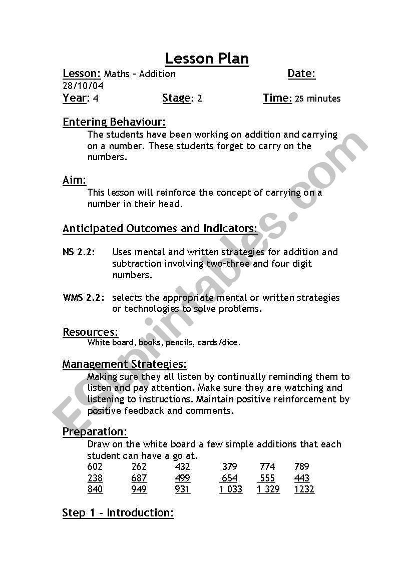 MAthematics lesson plan worksheet