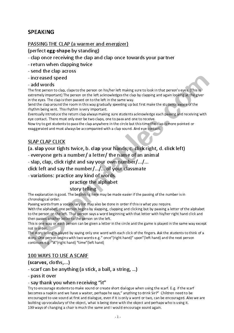 Speaking activites ideas worksheet