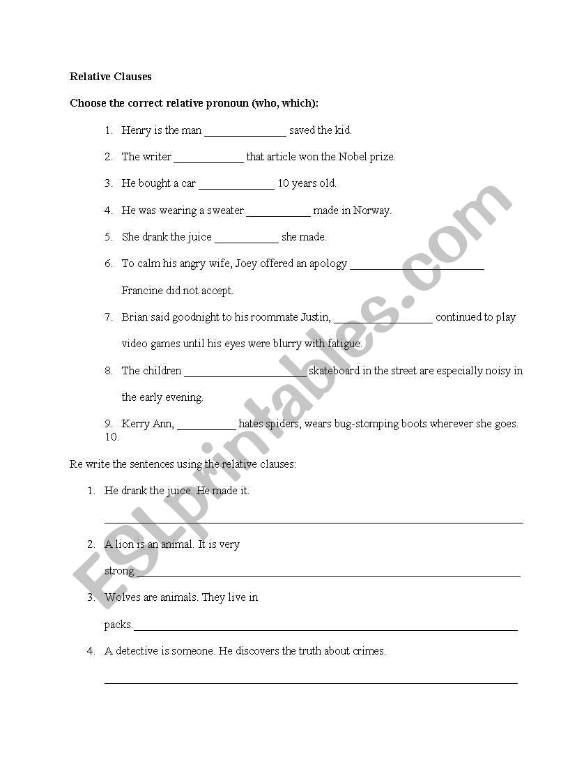 Relative Clause worksheet