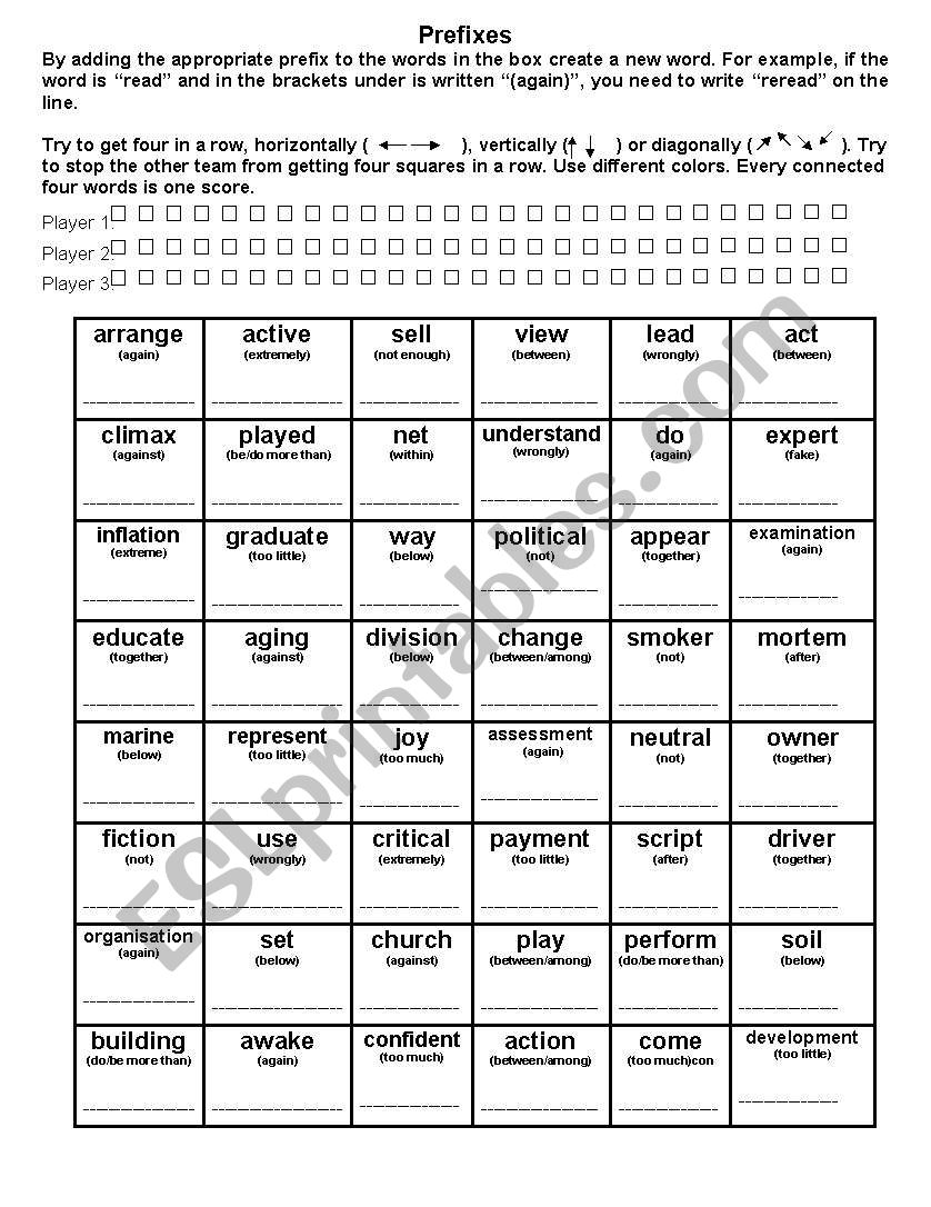 Prefixes game worksheet