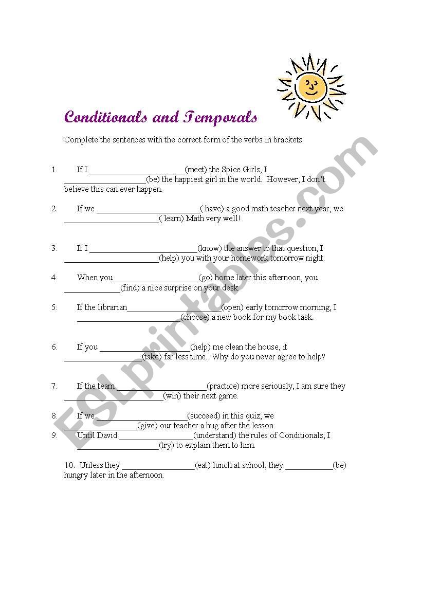 Conditionals and temporals worksheet