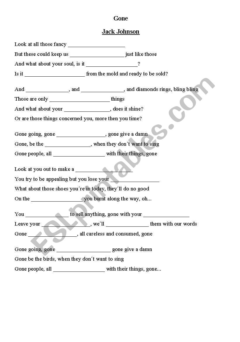Gone - Jack Johnson worksheet