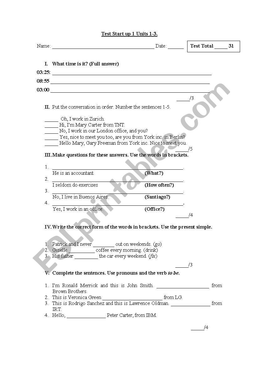 test english start up 1 B worksheet