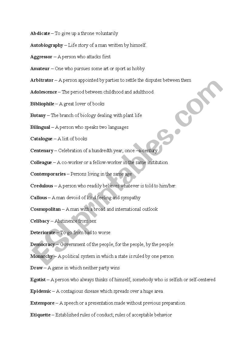 One word substitutions worksheet