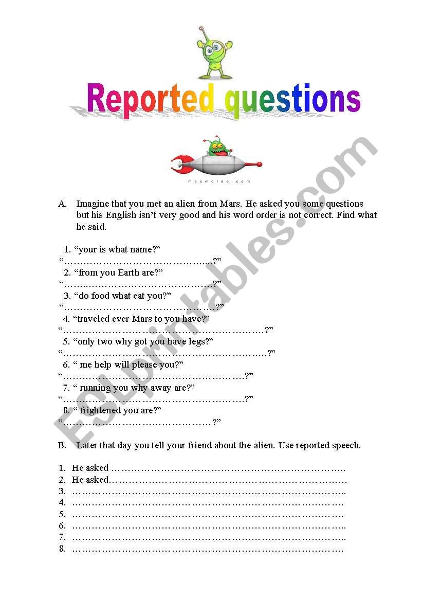 Reported questions worksheet