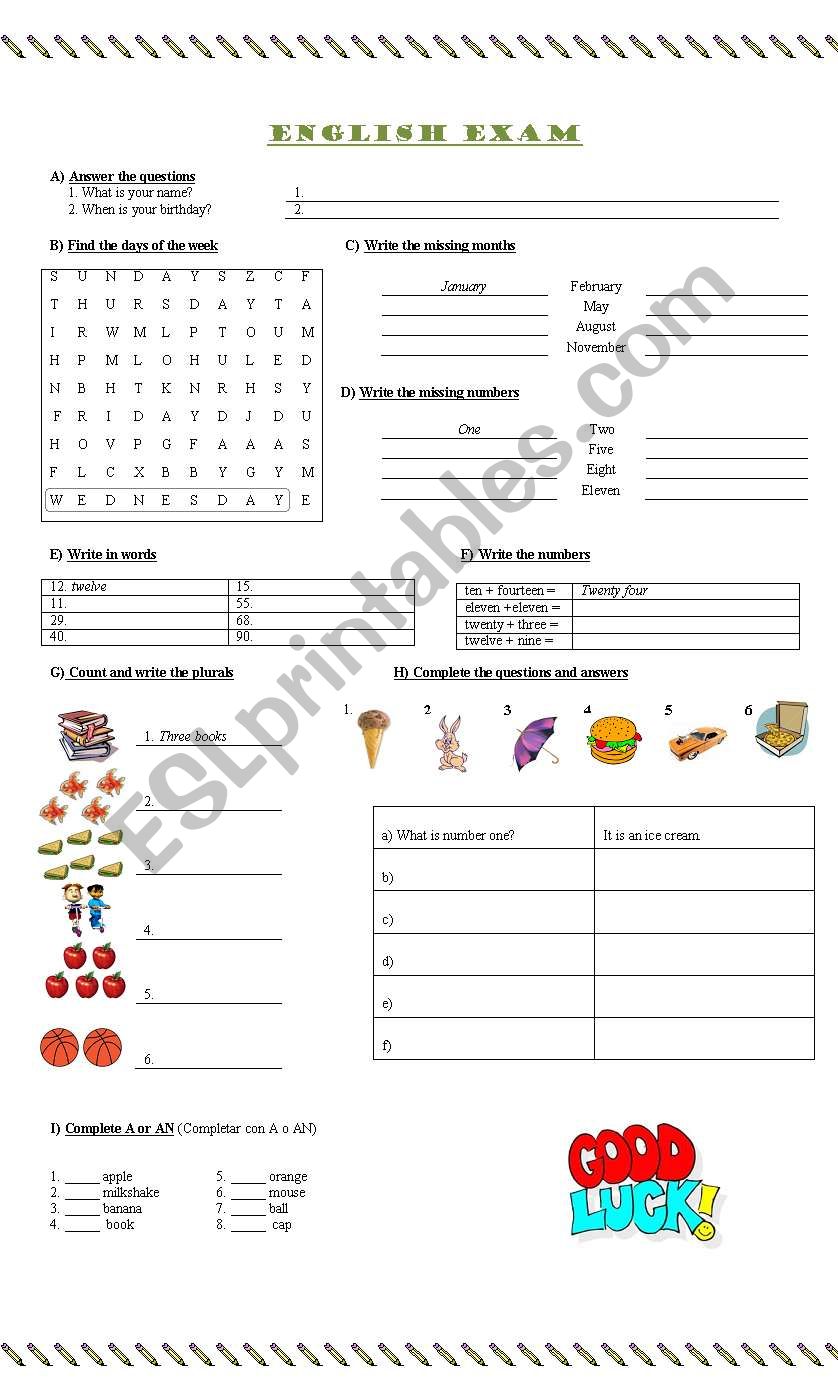 Starters exam or worksheet worksheet