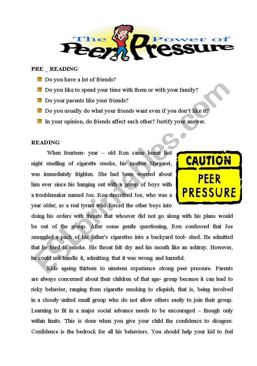 avoiding peer prssure worksheet