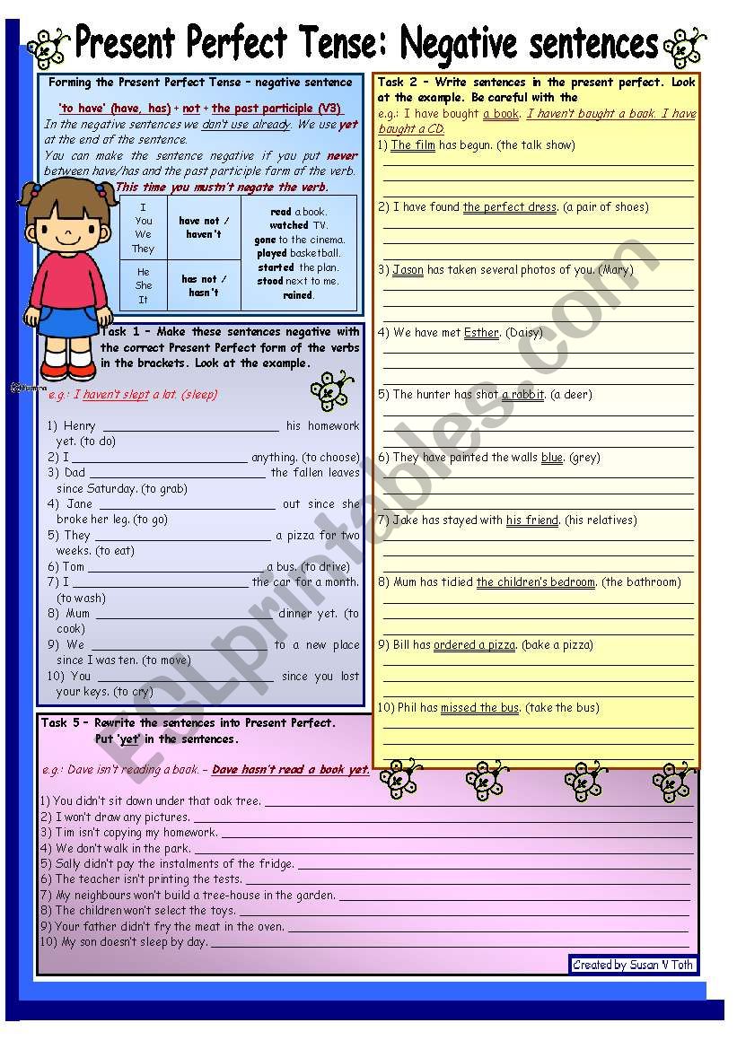 Present Perfect Tense - Negative sentences - Part 2 ** with key ** B&W