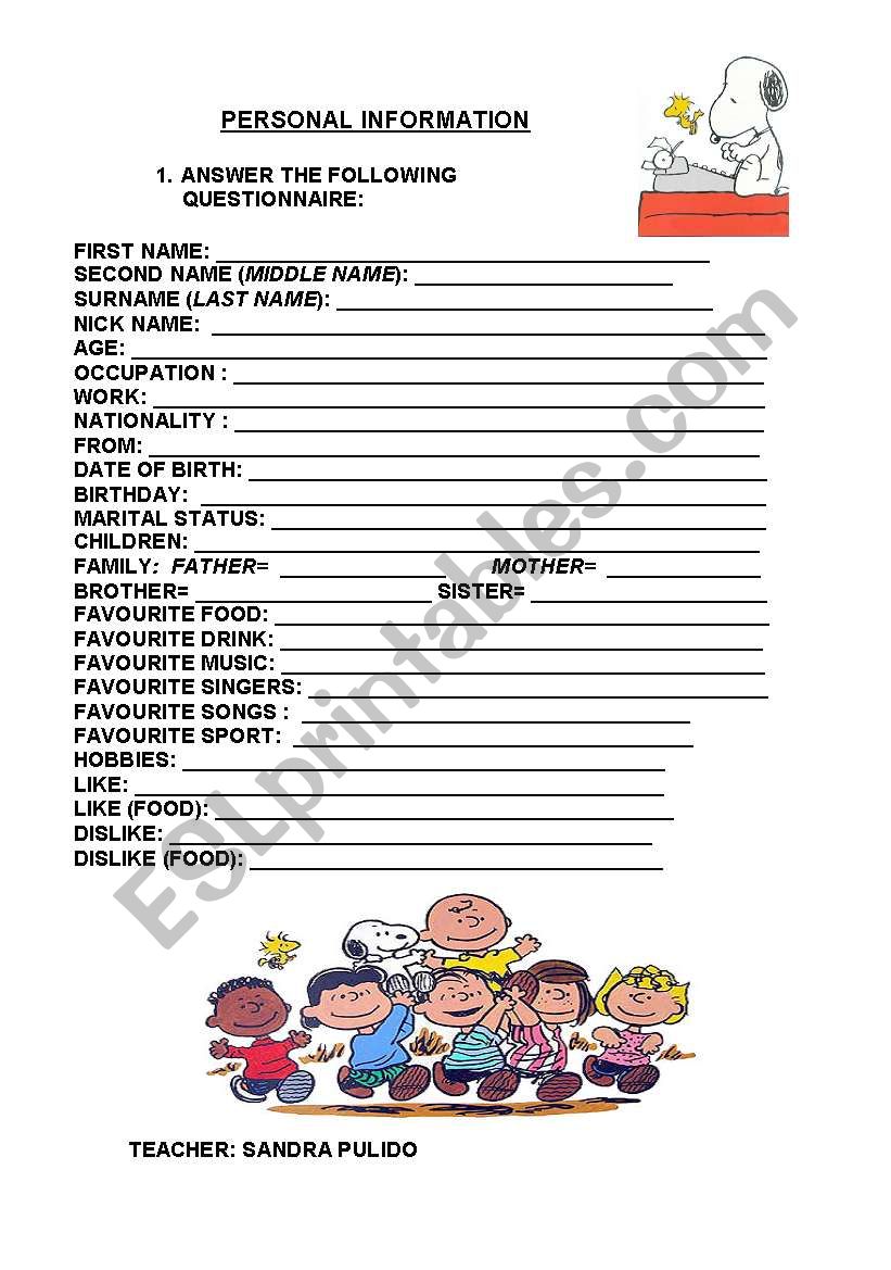 PERSONAL INFORMATION worksheet