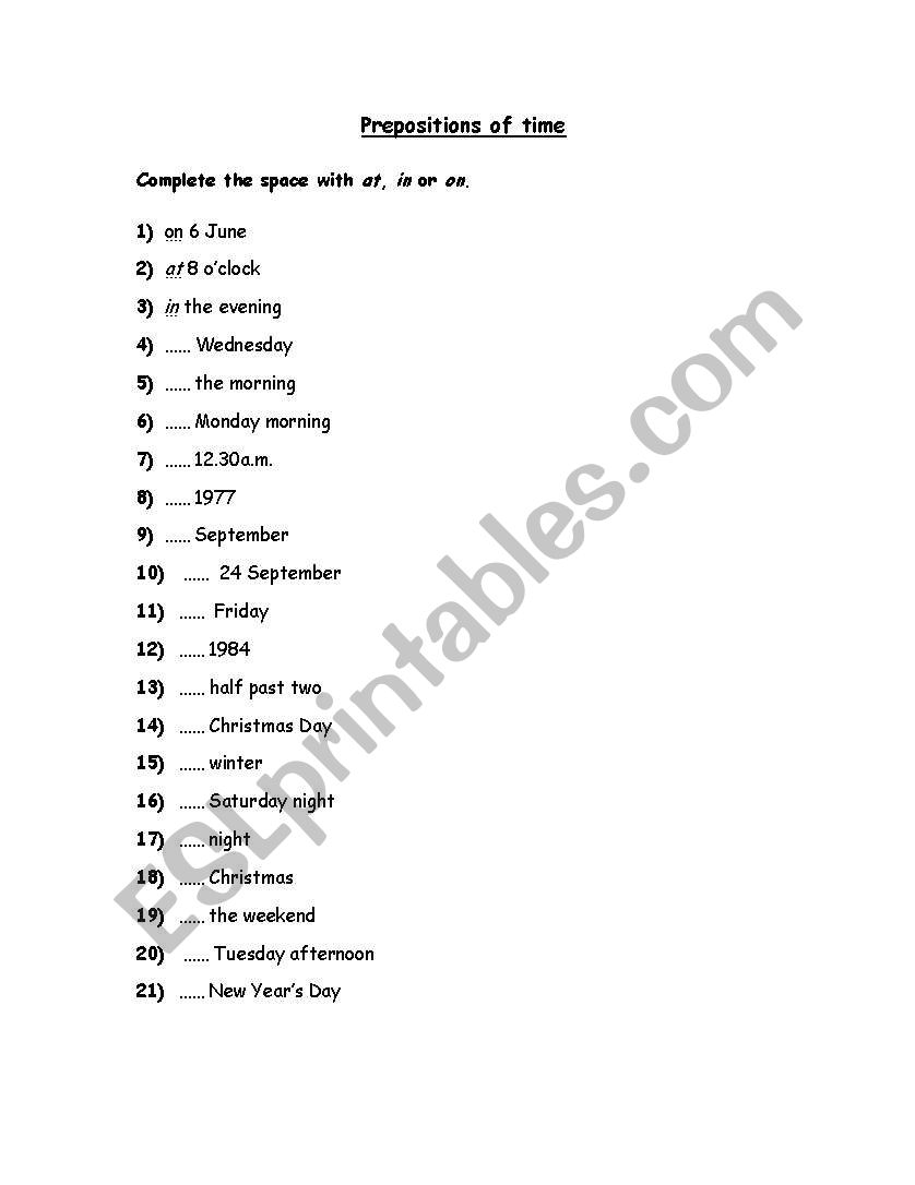 PREPOSITIONS OF TIME worksheet