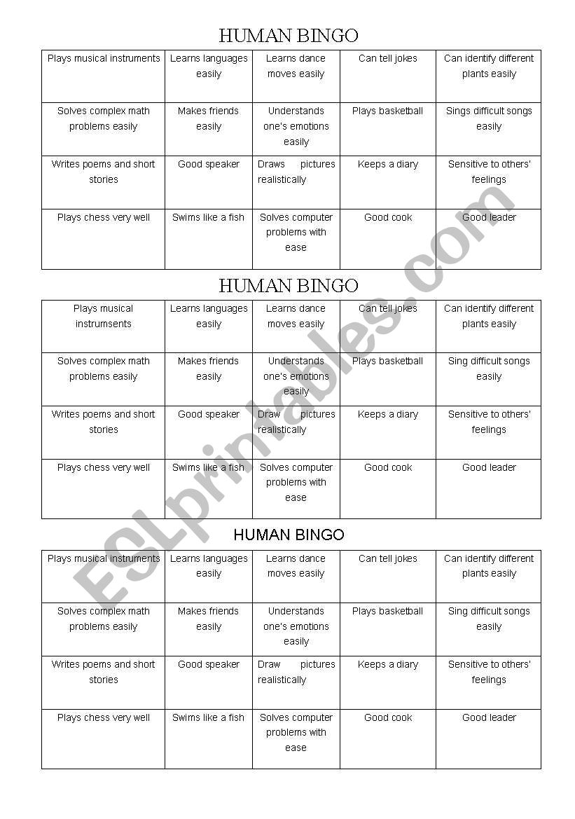 Human Bingo worksheet