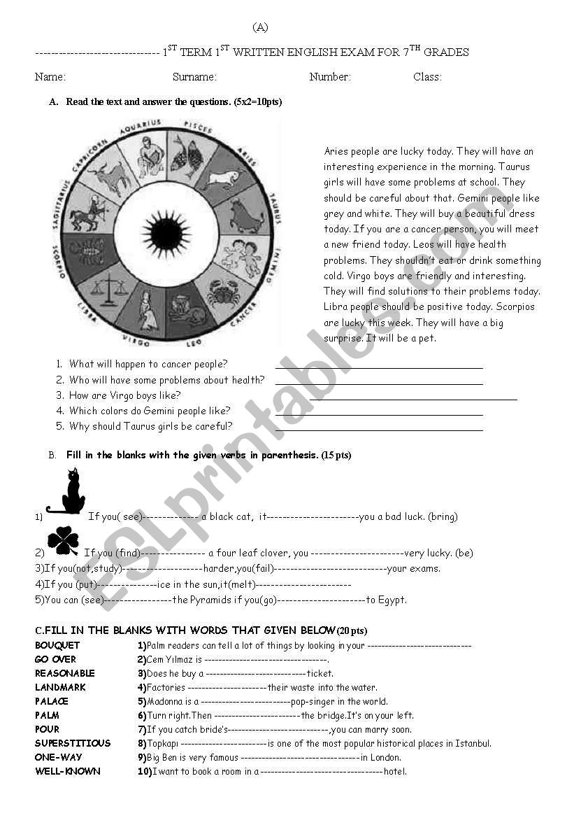 exam for 7th grade worksheet