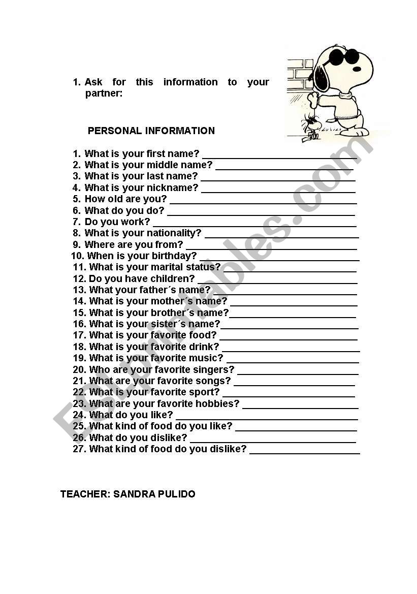 PERSONAL INFORMATION worksheet