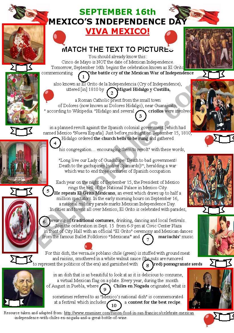 MEXICOÂ´S INDEPENDENCE DAY worksheet