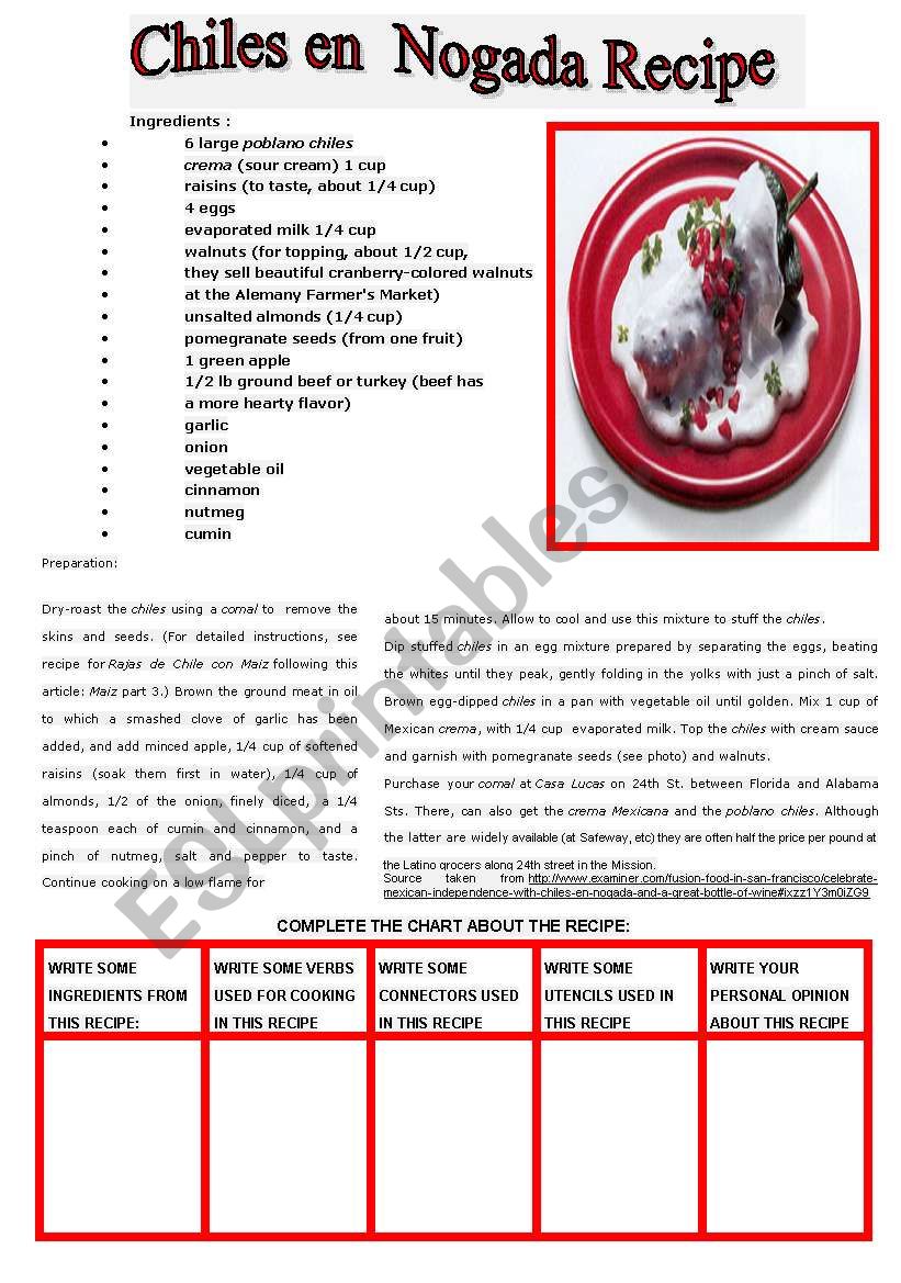 RECIPE: CHILES EN NOGADA worksheet