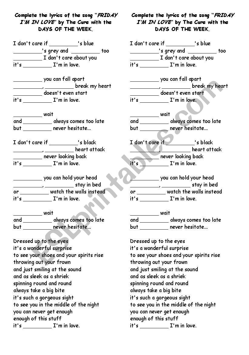 Friday Im in Love - The Cure worksheet