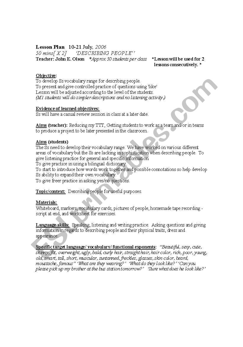 Describing people Lesson plan worksheet