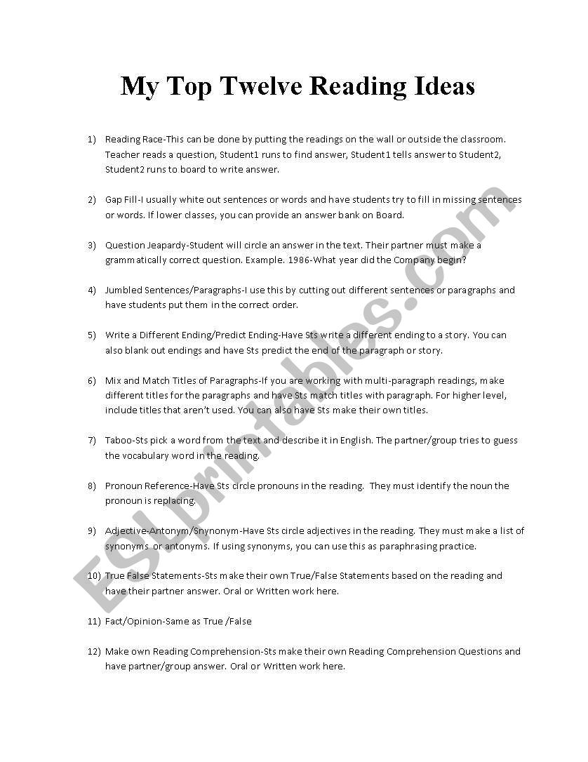 My Top Twelve Reading Ideas worksheet