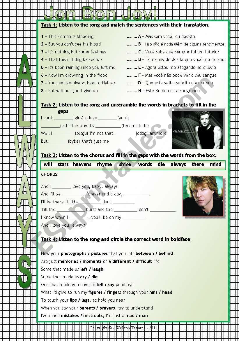 Song Worksheet - Always by Jon Bon Jovi - Part 01