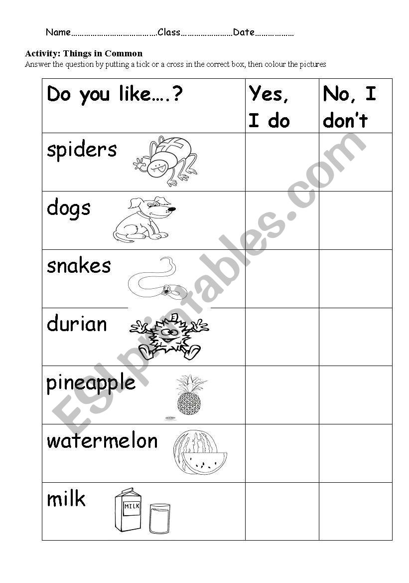 Likes & Dislikes worksheet