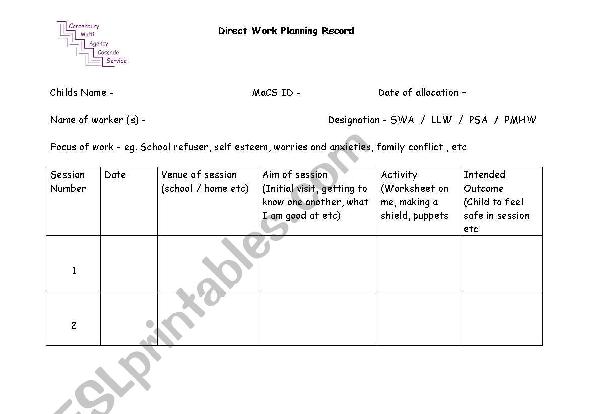 direct work planning sheet worksheet