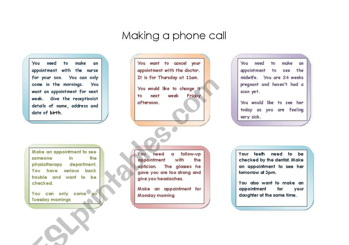 making a call role play cards worksheet