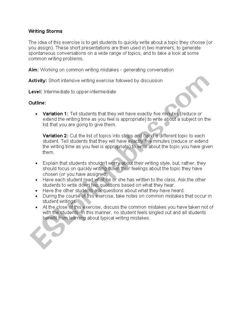 Writing Storms worksheet