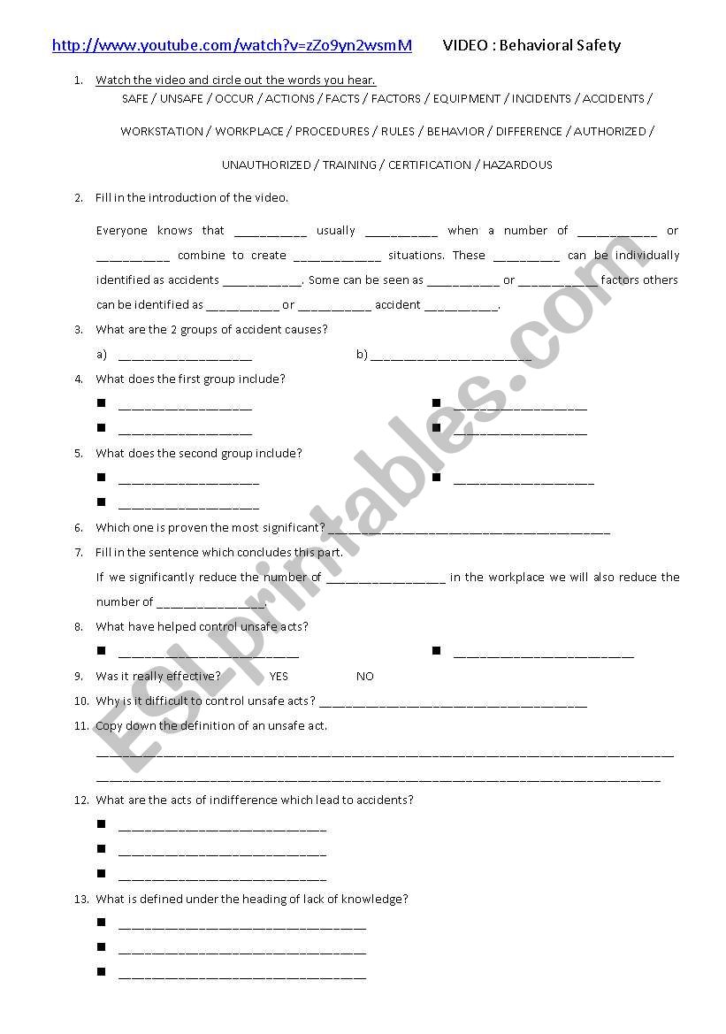 Safety at work worksheet