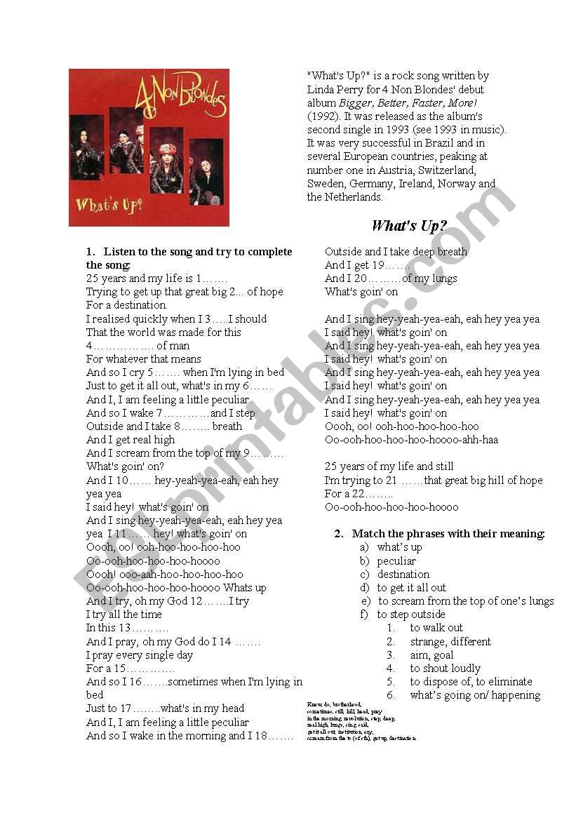 Whats up - song worksheet worksheet