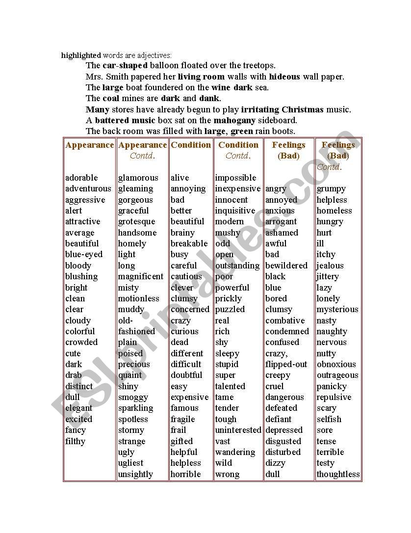 Adjectives  list worksheet