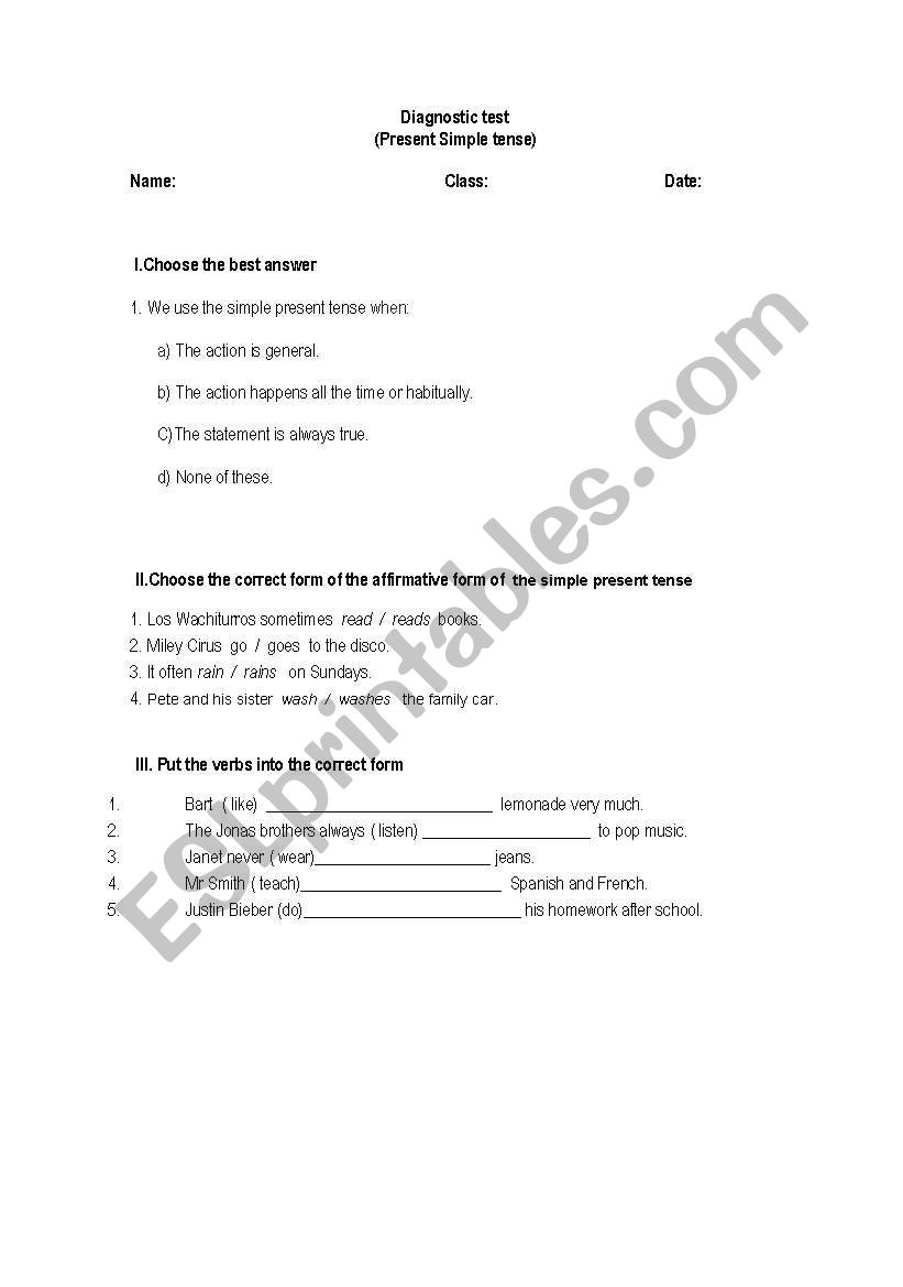 Diagnostic test  worksheet