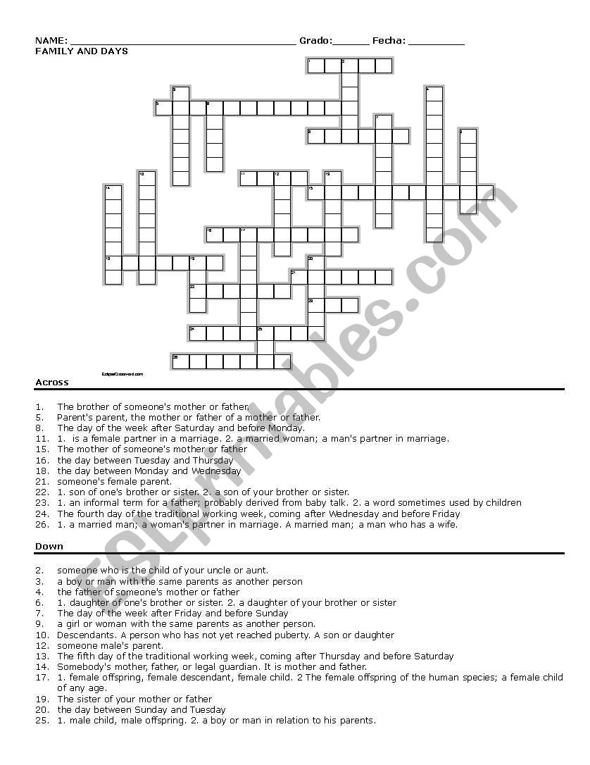 Family and days with answers Crossword