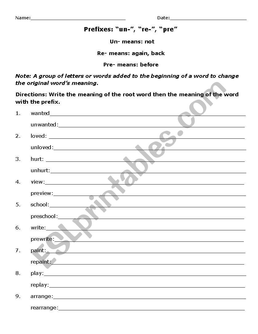 Prefixes worksheet